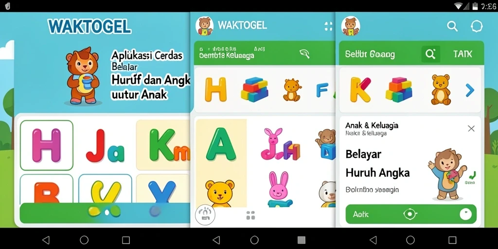 Antarmuka WAKTOGEL yang ramah anak untuk belajar huruf dan angka.